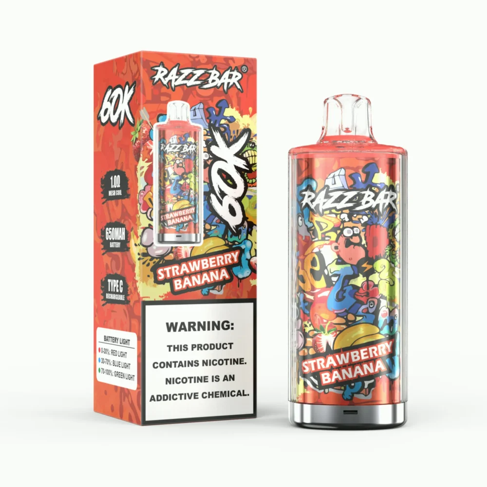 Vaper desechable Razz Bar 60K sabor Strawberry Banana con su caja